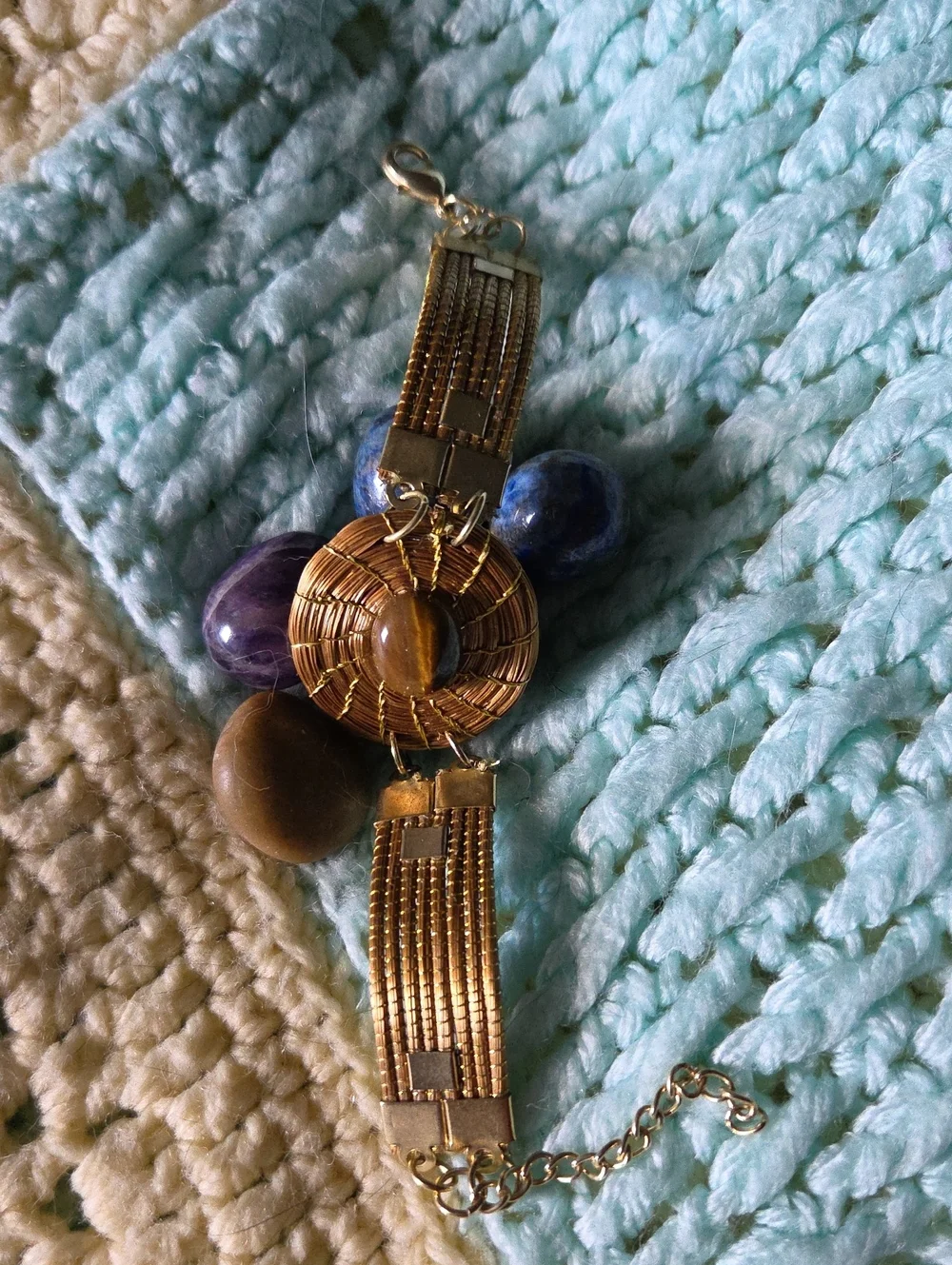 Vintage Handcrafted Golden Grass Bracelet With A Center Tiger's Eye Stone.